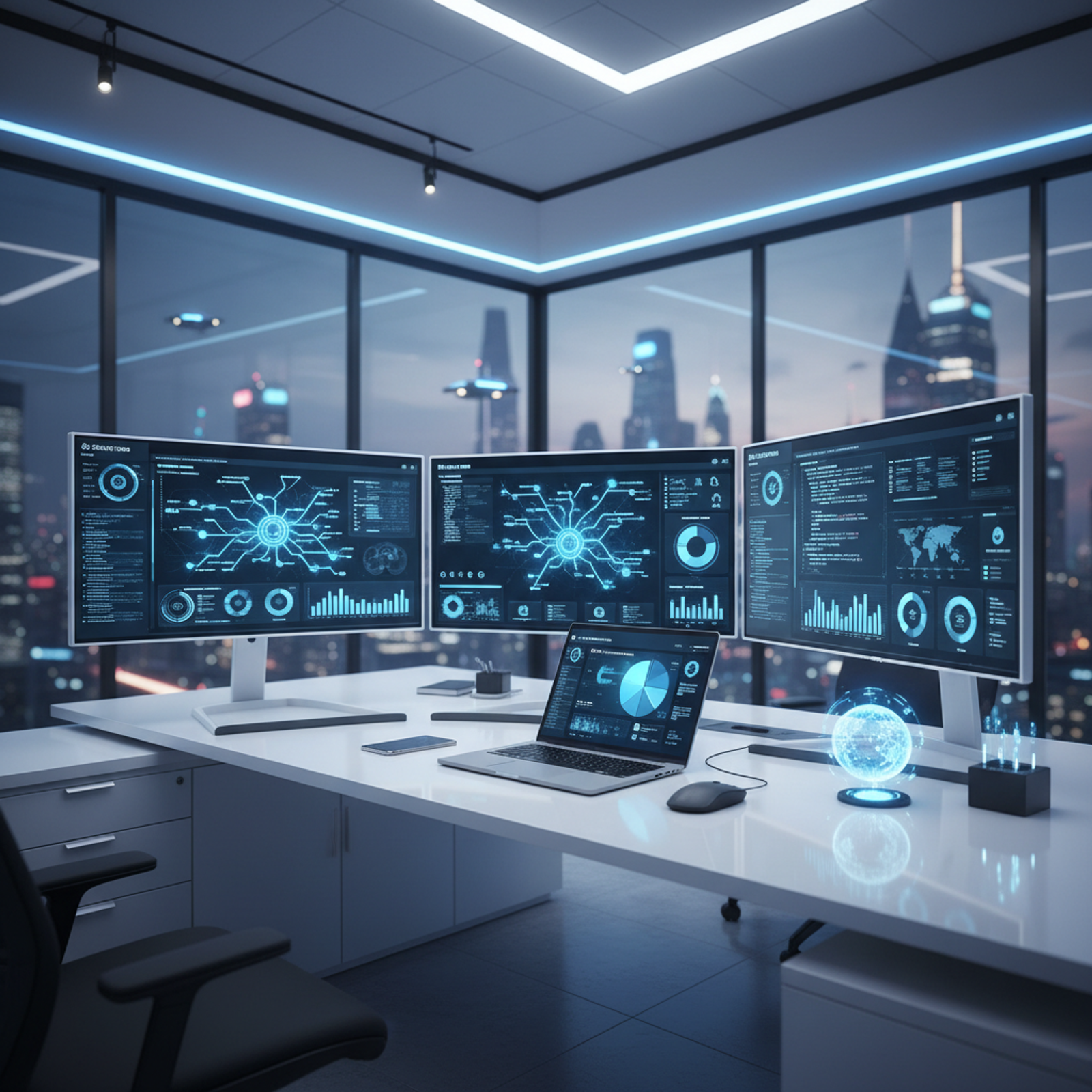 Illustrazione di un assistente robotico che presenta i risultati dell'analisi dei dati su una dashboard di un laptop