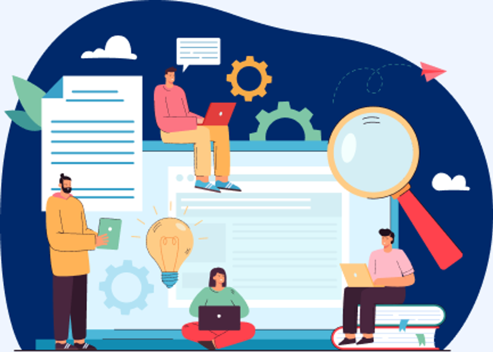 Creative Services Strategy Illustration of a team collaborating on business strategy documents with idea and research icons