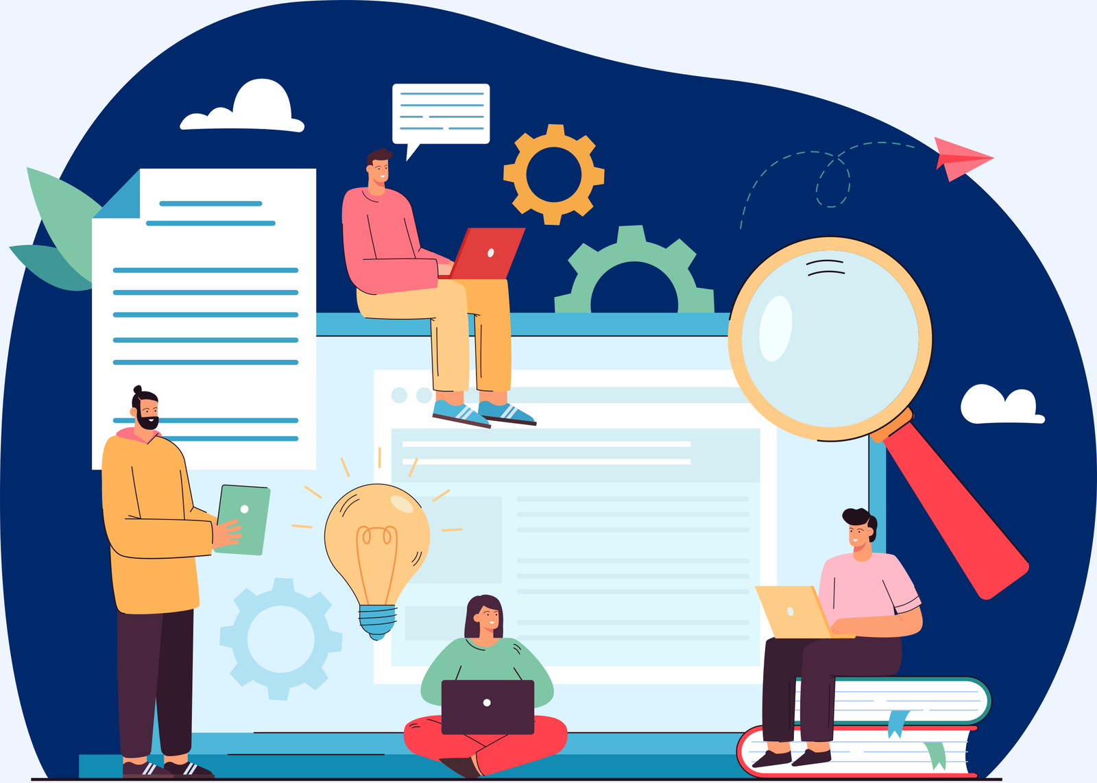Illustration of a team reviewing compliance documents with a magnifying glass and lightbulb icon