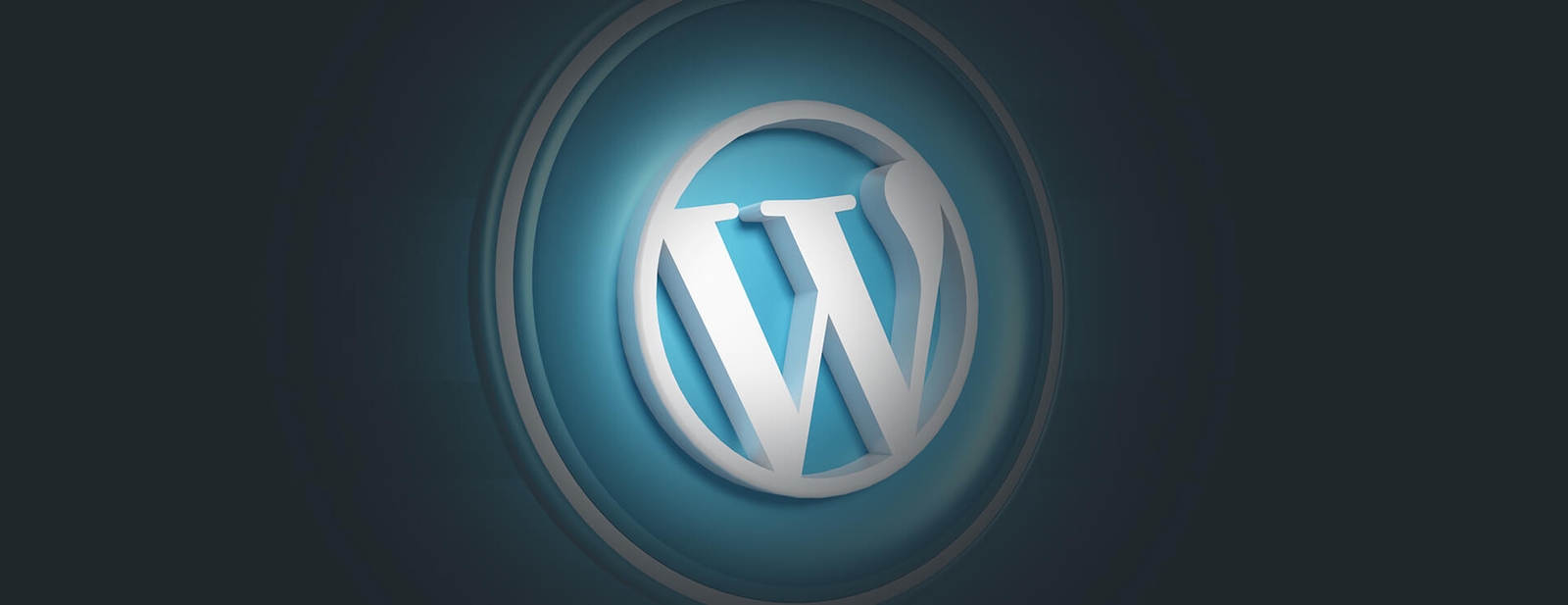 WordPress Development Services WordPress logo glowing in a circular badge on a dark background