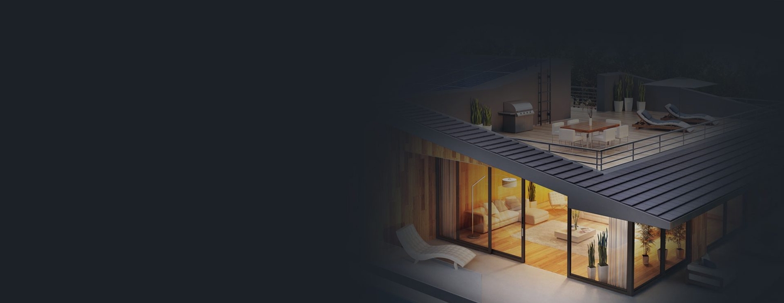 Rendering and Animation Photorealistic 3D rendering of a modern smart home interior and rooftop deck at night