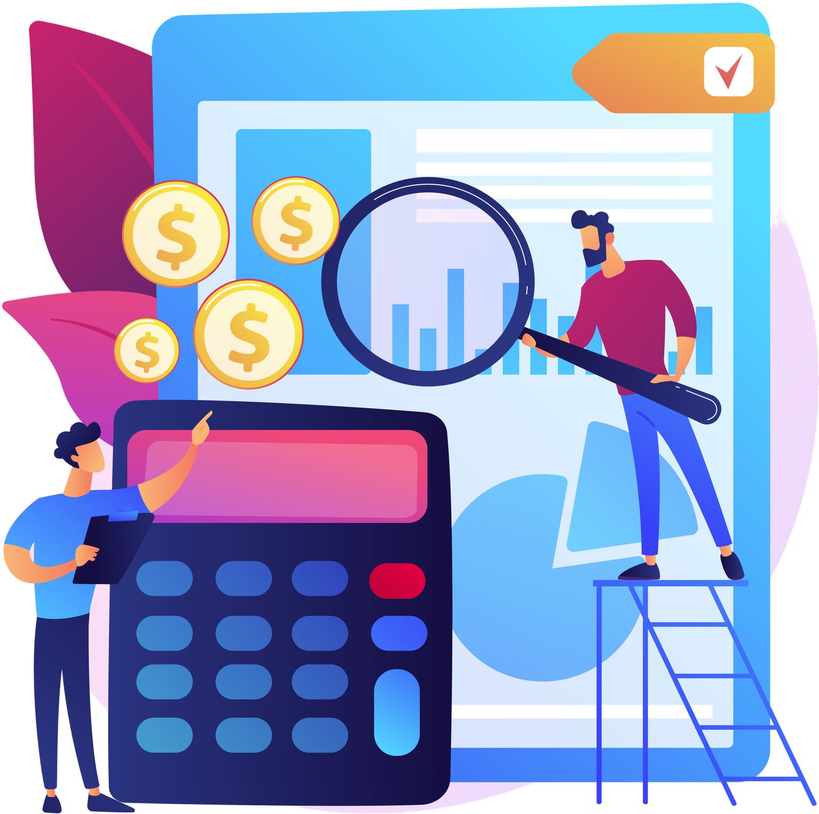 Illustration of bookkeepers reviewing financial reports, coins, and charts with a magnifying glass