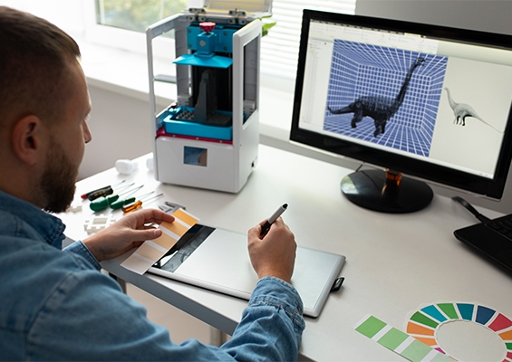 Fabrication à la demande Photo d'un designer examinant un modèle 3D de dinosaure sur un écran d'ordinateur, à côté d'une imprimante 3D de bureau