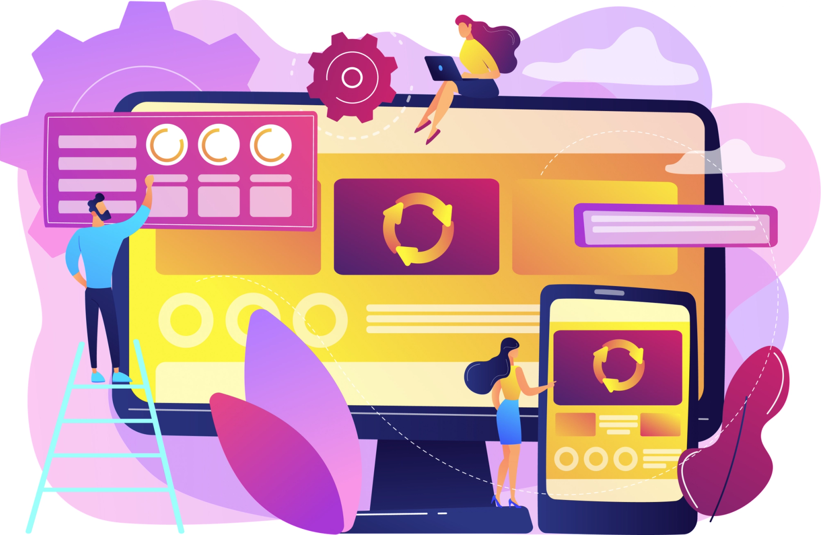 Illustration of developers building a mobile app interface with security and code icons