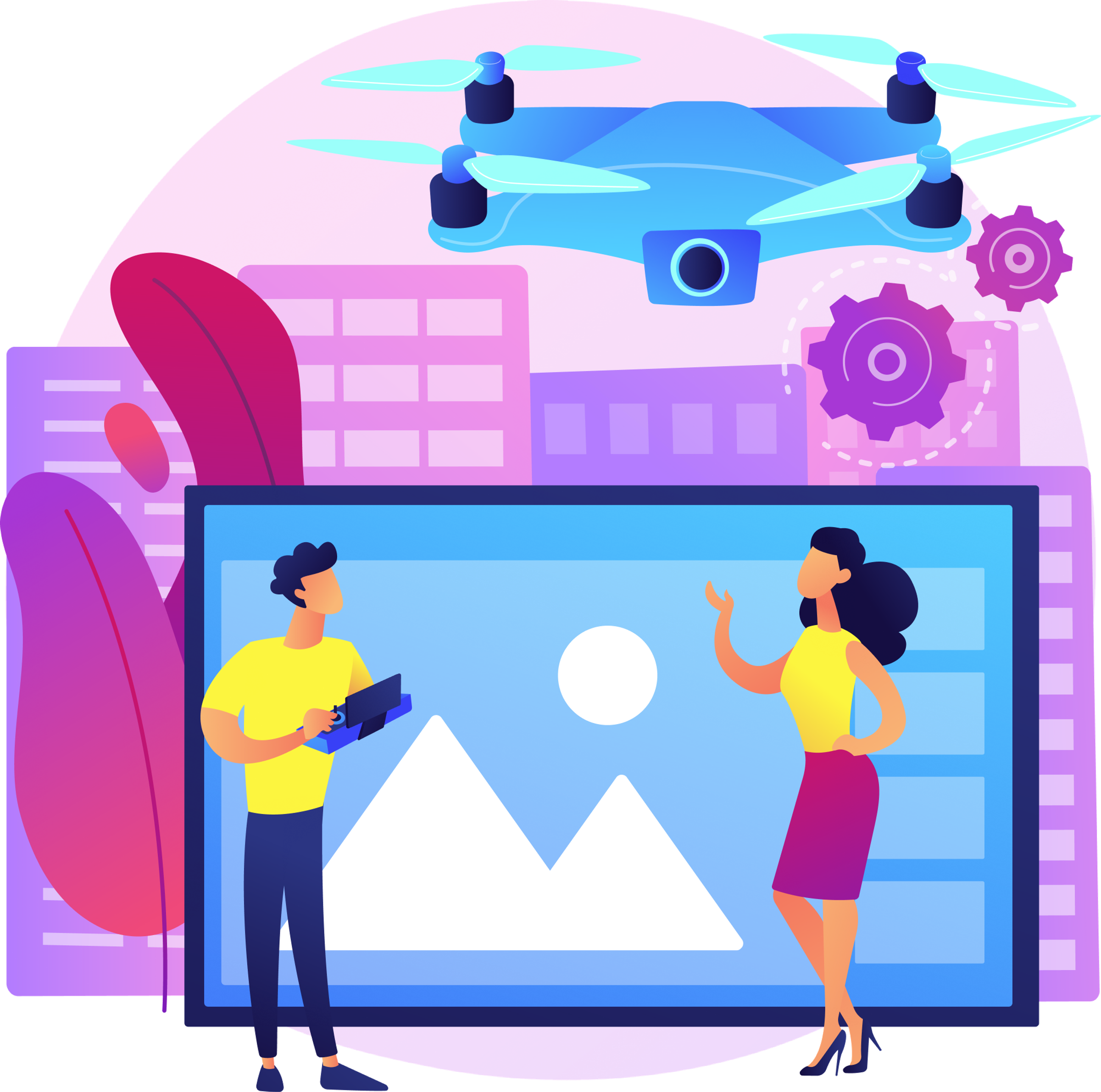 Illustration of two people discussing a digital model on screen with a drone flying overhead a city skyline