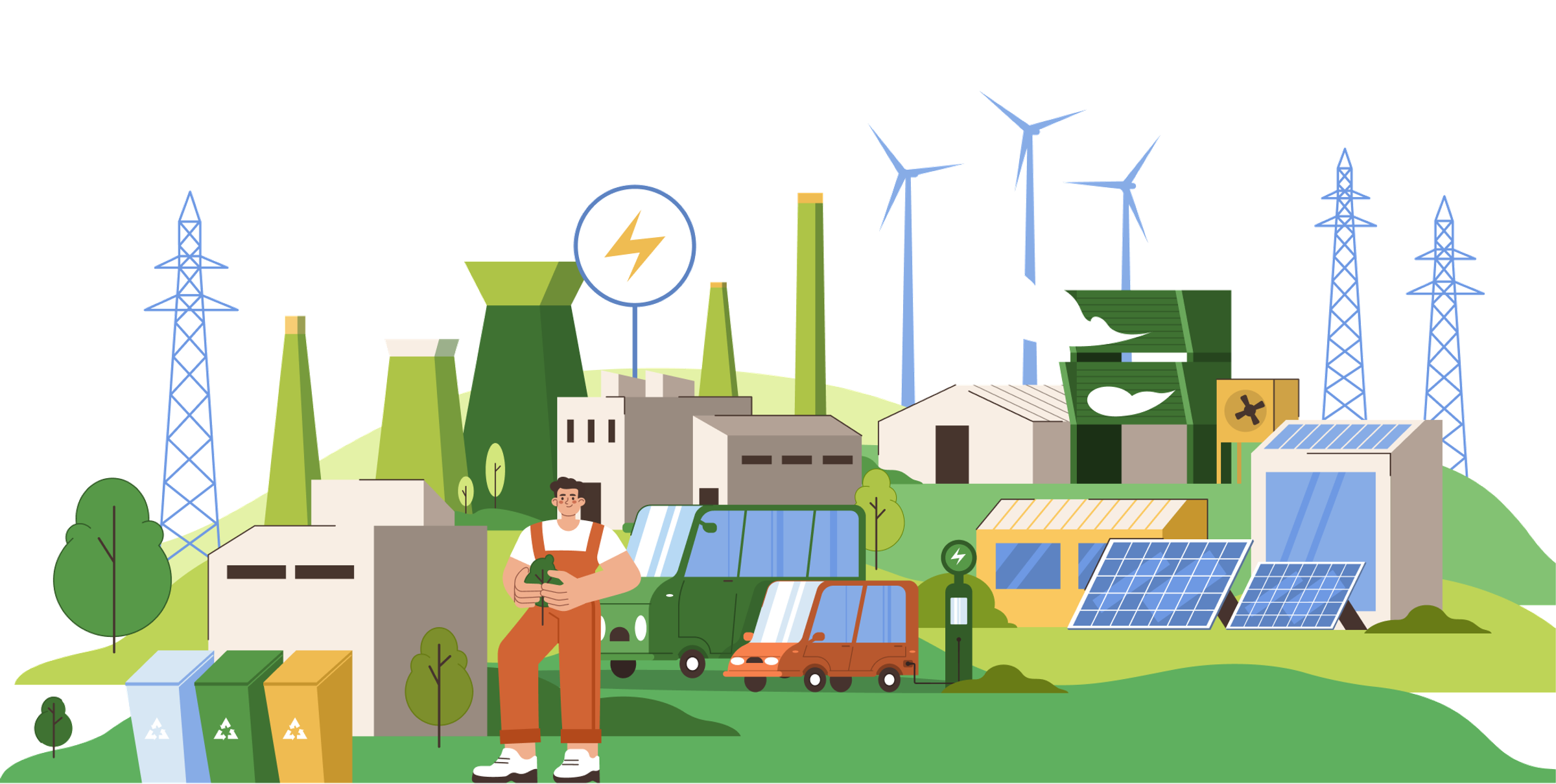 Sustainability and Green Energy Illustration of a worker holding a plant beside a factory with wind turbines, solar panels, and an electric vehicle