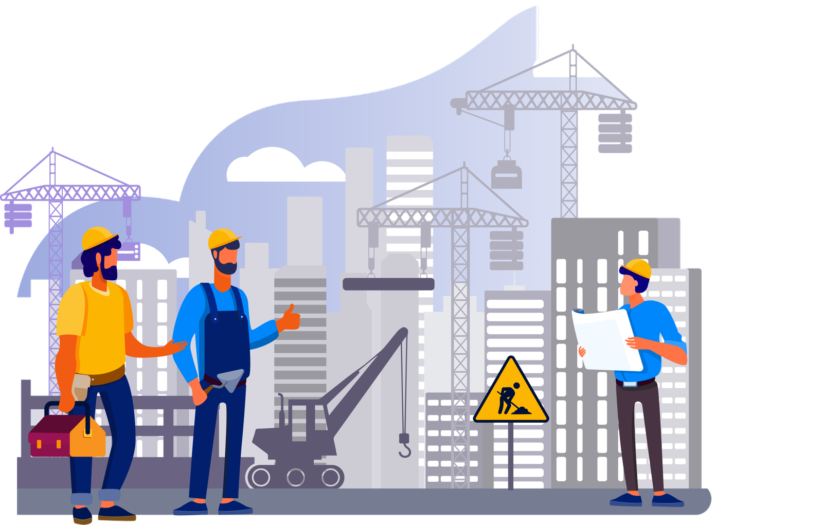 Illustration of construction workers discussing a project with an engineer holding blueprints in front of cranes and buildings