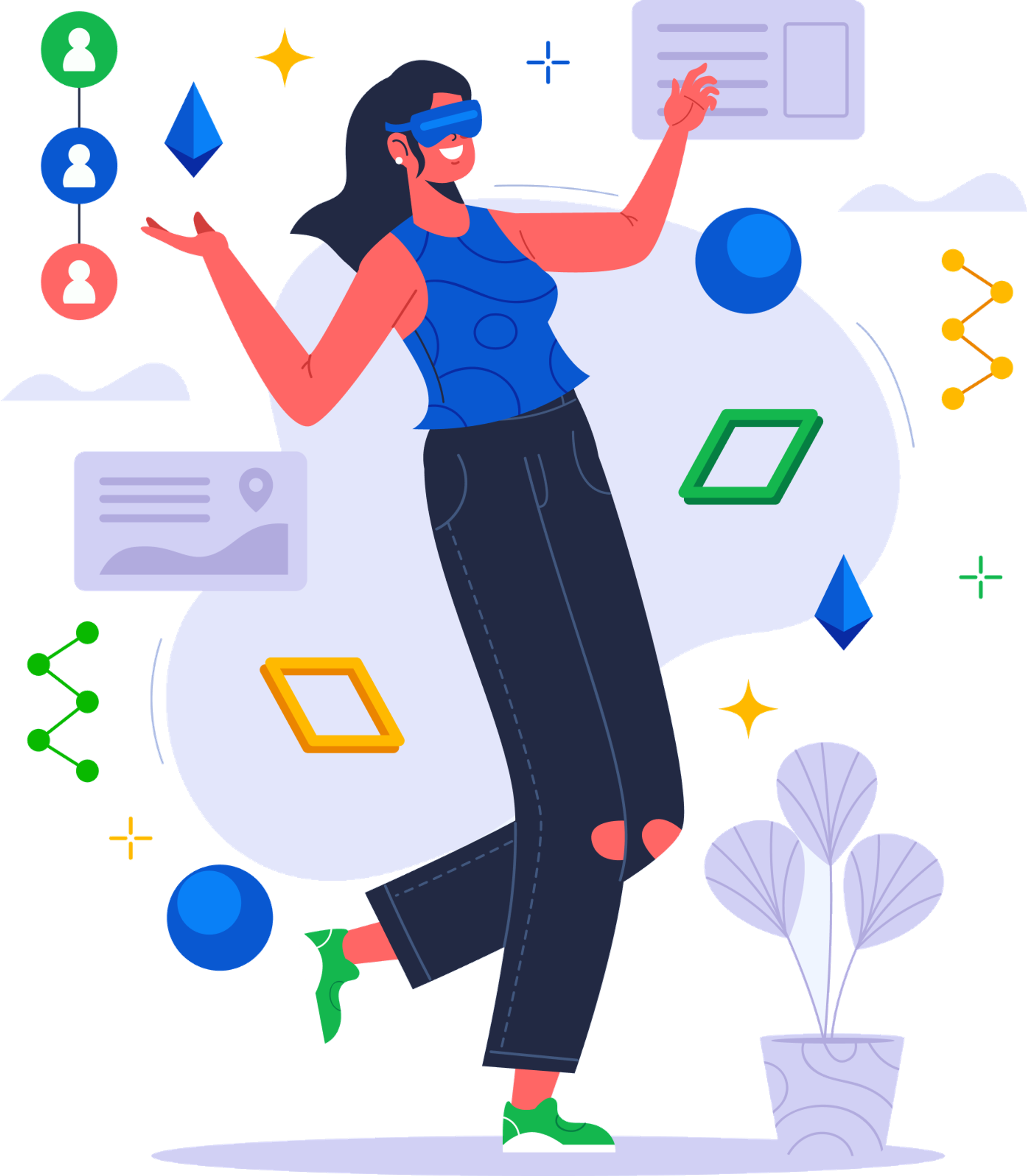 Illustration of a woman wearing a VR headset surrounded by floating geometric shapes and connected user icons