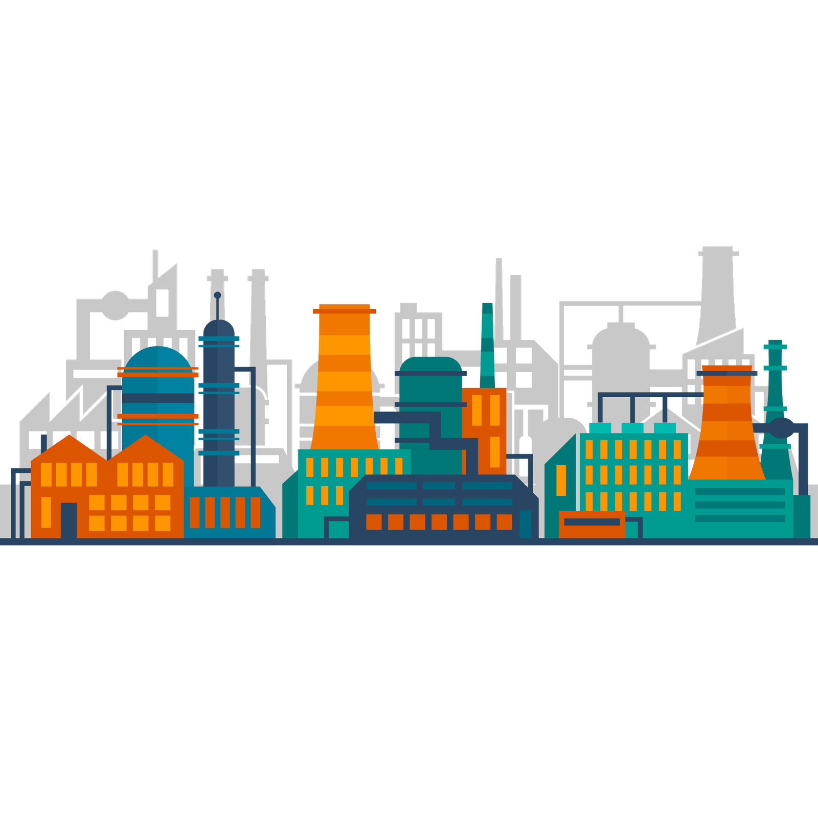 Illustration of an industrial plant skyline with factory buildings, smoke stacks, and storage tanks