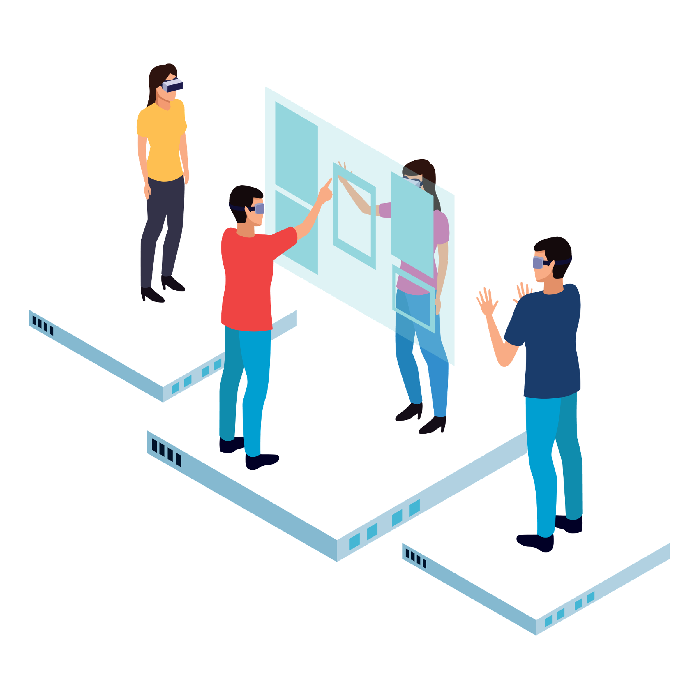 Illustration of a team using AR/VR headsets to review a 3D digital model