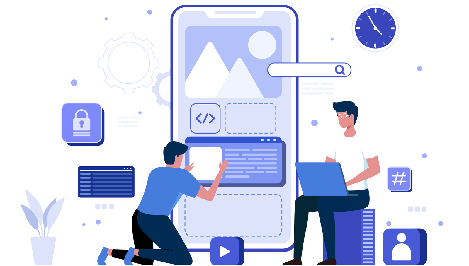Illustration of developers building a mobile app interface with security and code icons