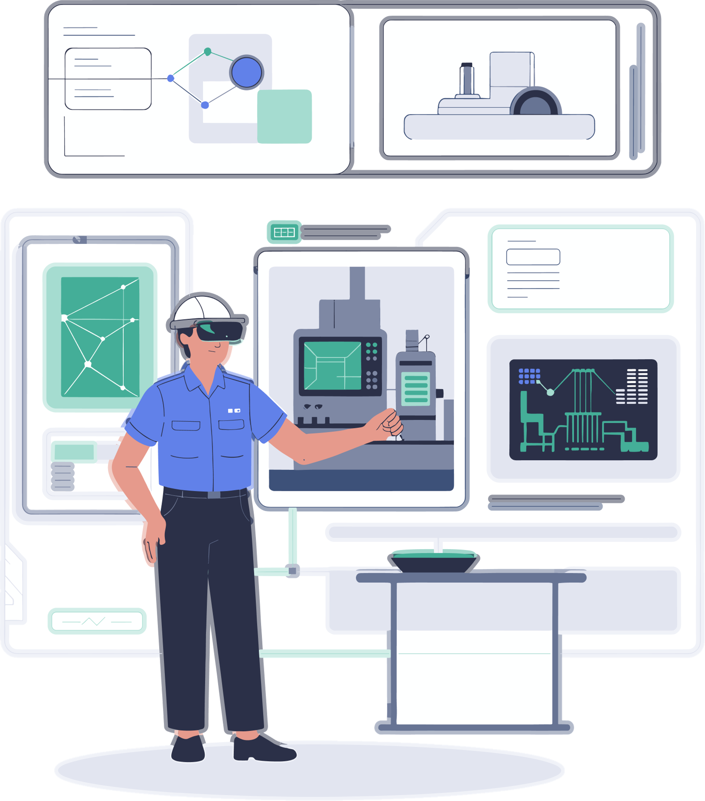 Illustration of an engineer wearing AR glasses operating a CNC machine surrounded by data and scan visualization screens