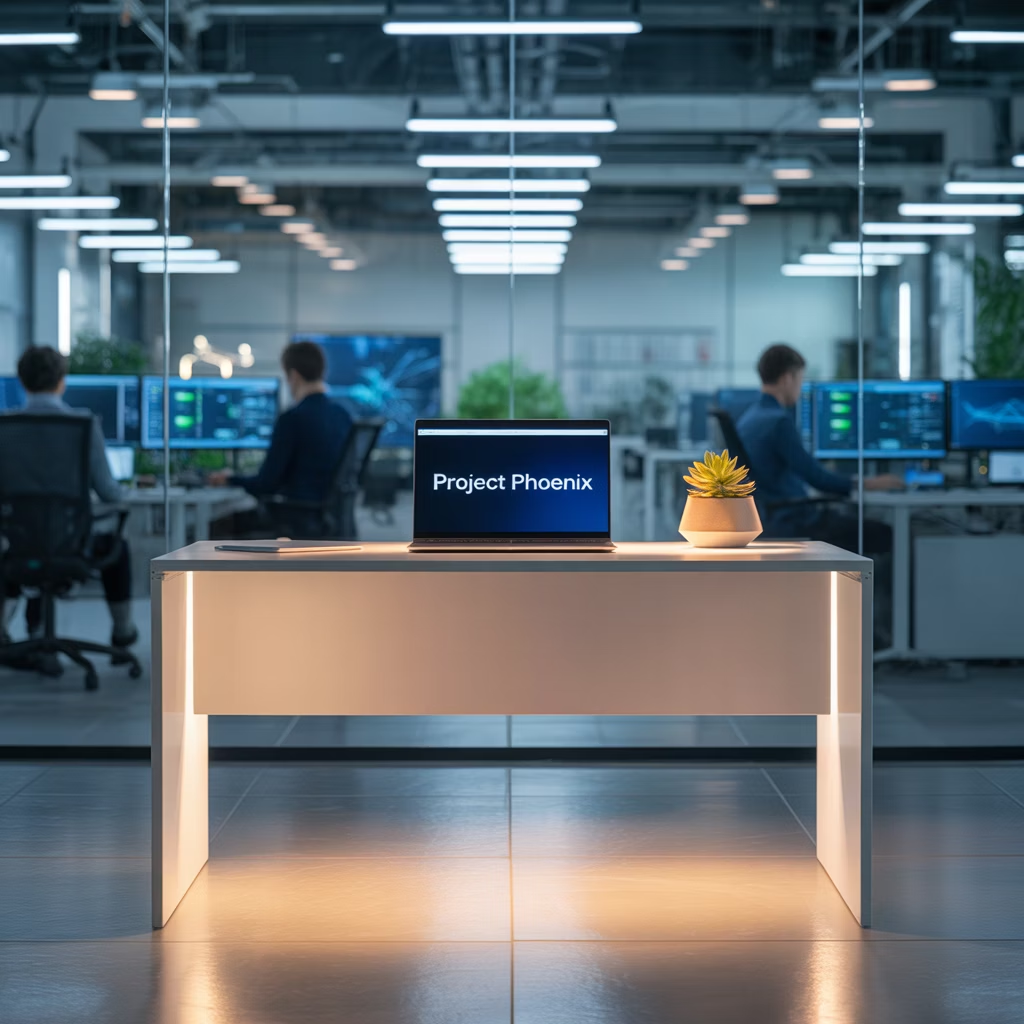 Conception du schéma électronique – Version finale CTA Photo d'un bureau moderne avec un ordinateur portable affichant le tableau de bord d'un projet et, à l'arrière-plan, des ingénieurs au travail