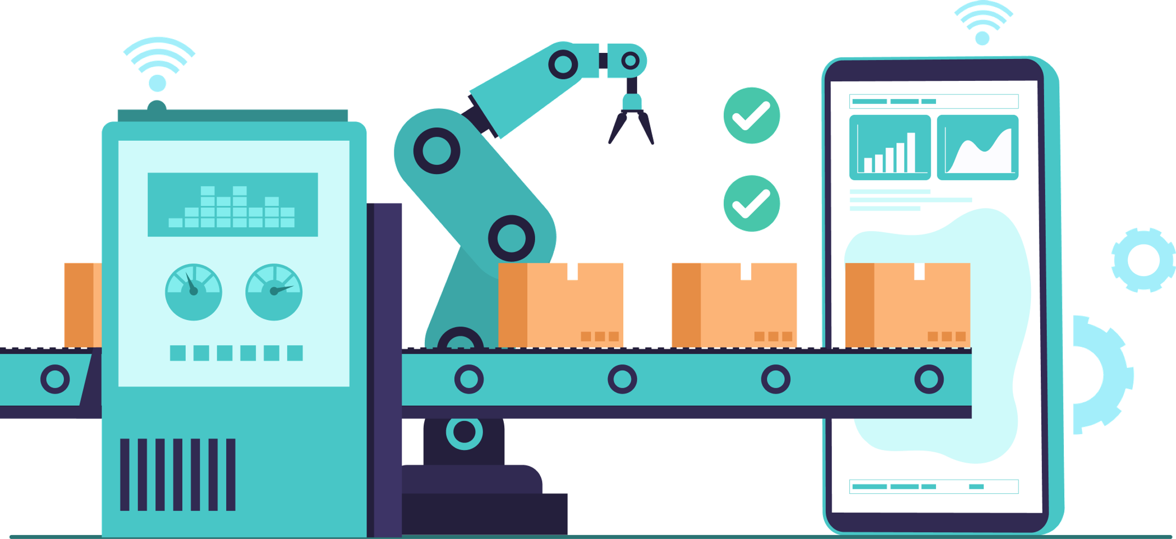 Illustration of a robotic arm assembling boxes on a conveyor belt with a digital monitoring dashboard