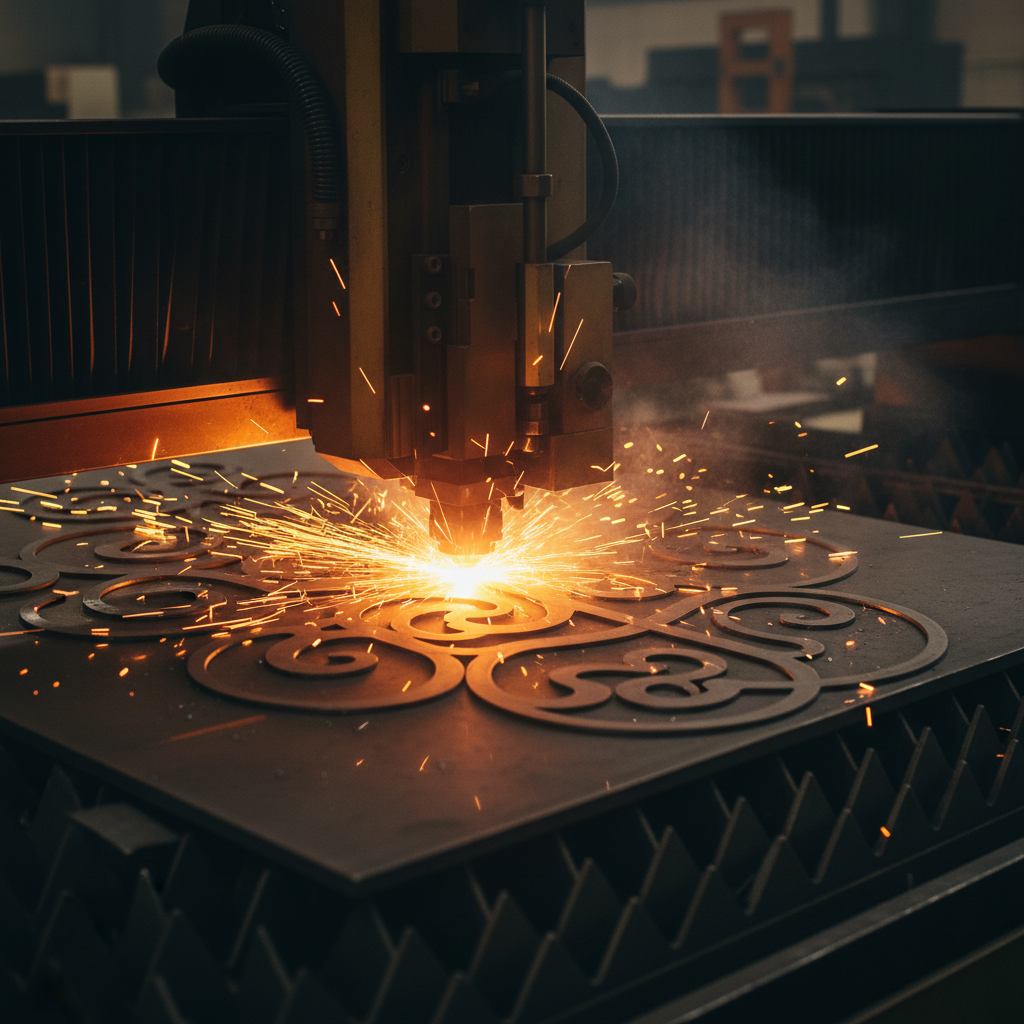 Processus de découpe laser industrielle Illustration d'un technicien utilisant une machine de découpe laser CNC sur une pièce, avec des étincelles visibles