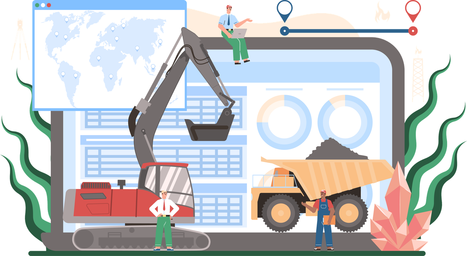 Illustration of workers with an excavator and dump truck beside a laptop displaying a world map and logistics dashboard