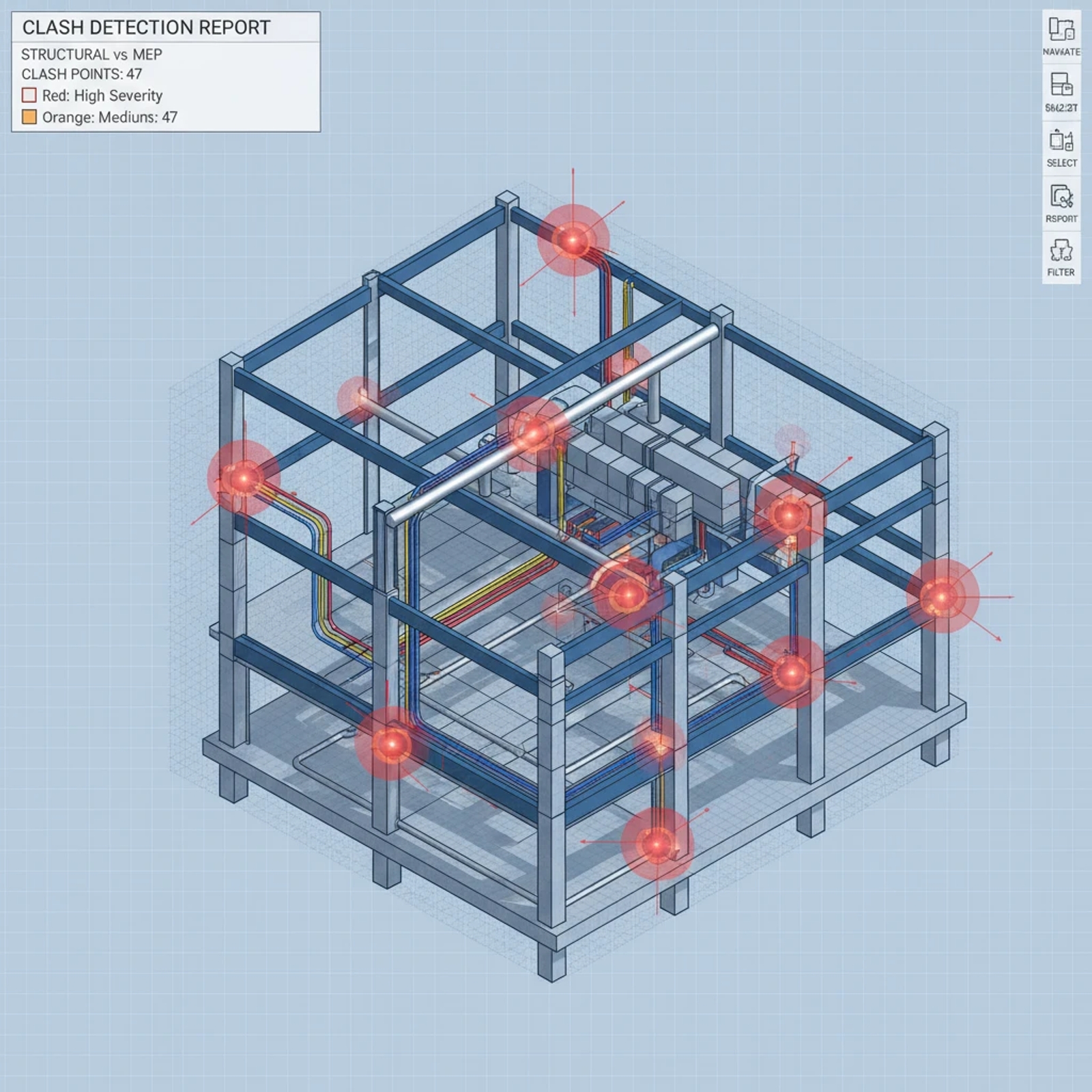 Illustration d'une équipe analysant un rapport de détection de collisions BIM sur un grand écran avec des graphiques de performance