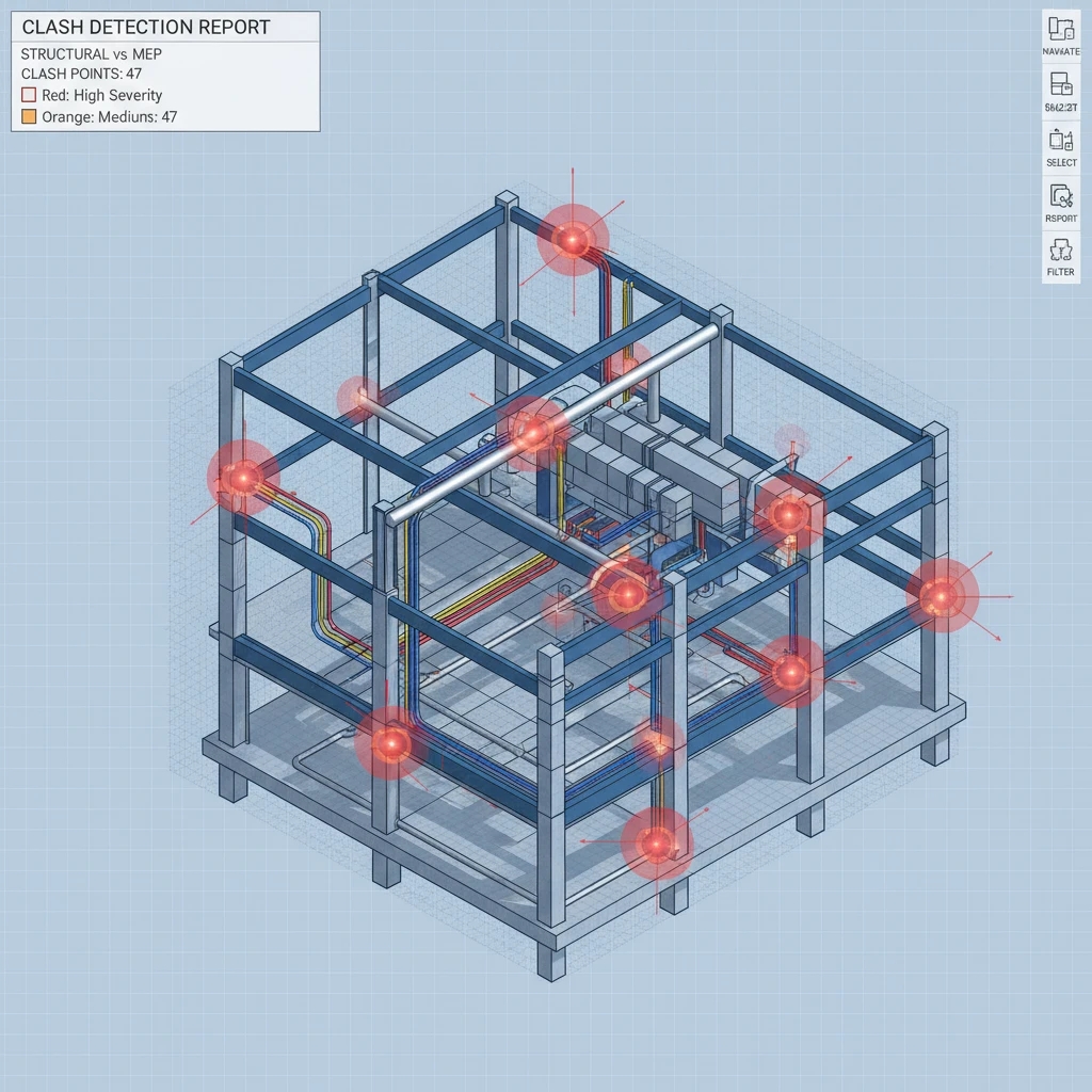 Services de détection de collisions BIM Illustration d'une équipe analysant un rapport de détection de collisions BIM sur un grand écran avec des graphiques de performance