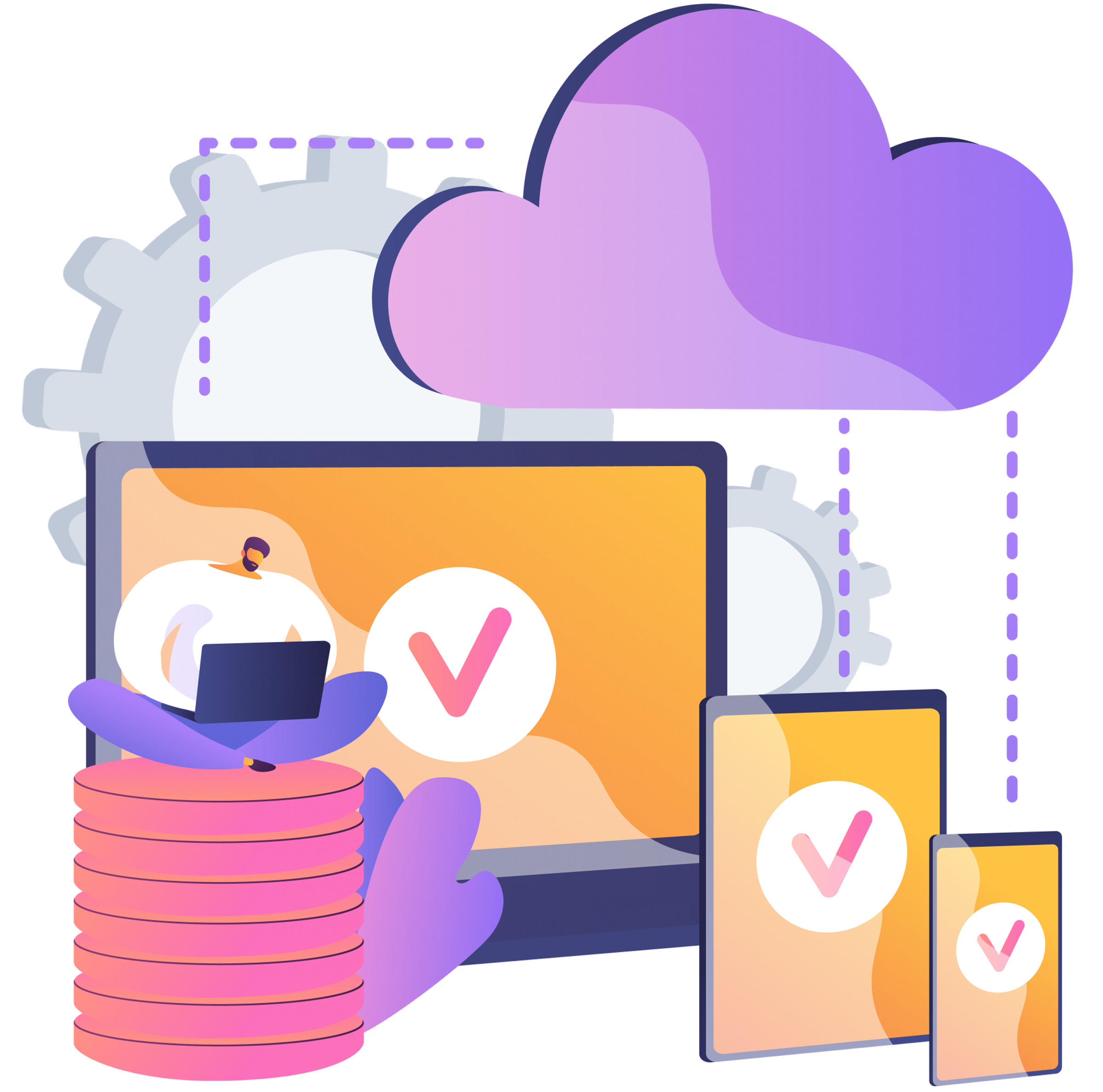 Illustration of a cloud platform connected across laptop, tablet, and phone devices with verification checkmarks