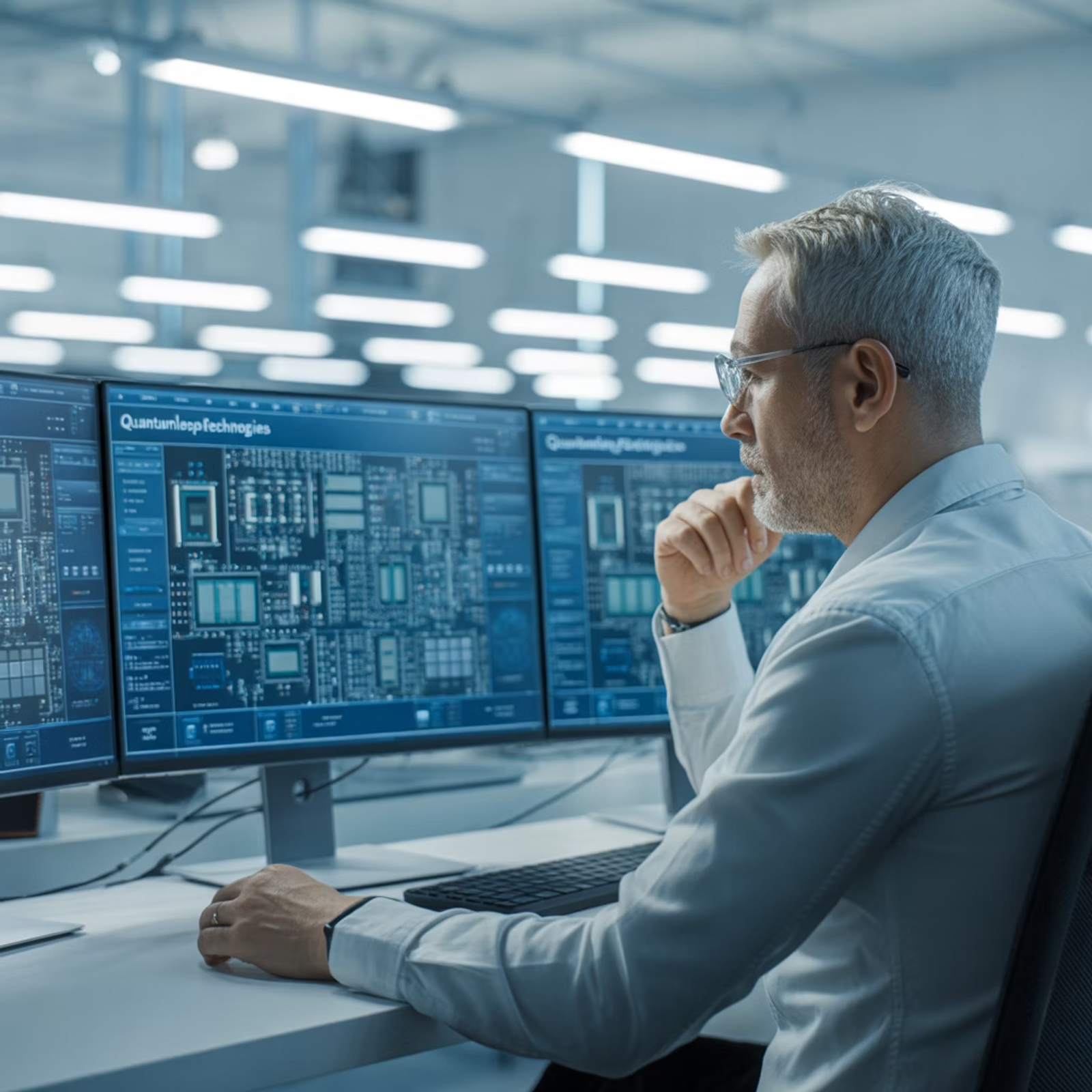 Photo d'un ingénieur examinant des schémas de circuits imprimés sur plusieurs écrans d'ordinateur