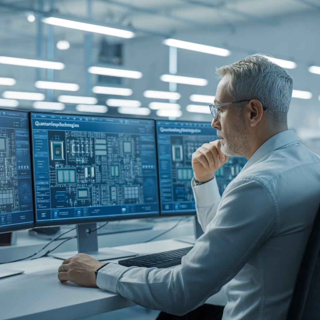 Ingénierie de conception VLSI Photo d'un ingénieur examinant des schémas de circuits imprimés sur plusieurs écrans d'ordinateur