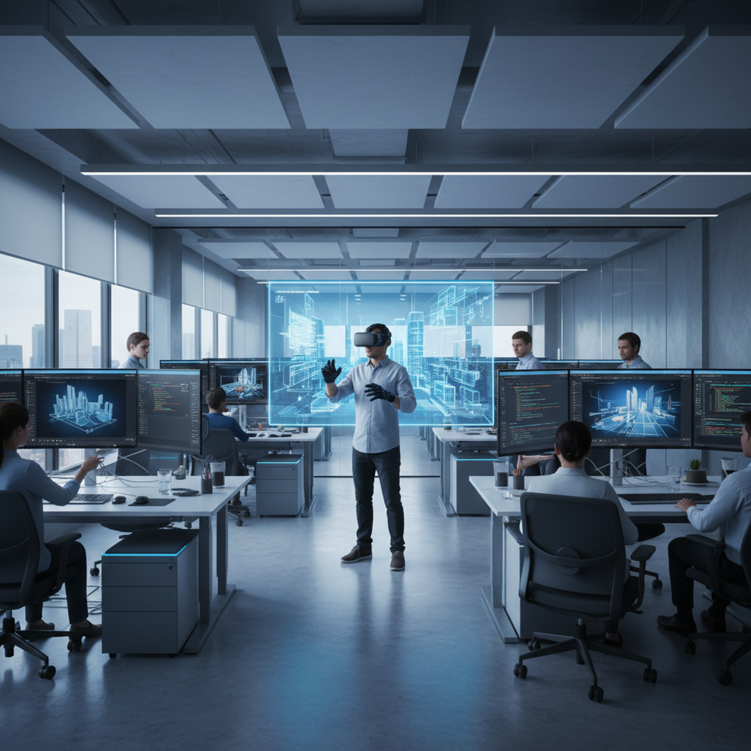 Illustration af en person, der bærer et VR-headset og interagerer med svævende datadiagrammer og dashboardpaneler
