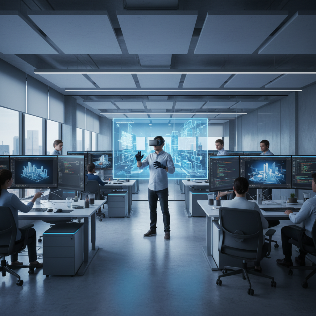 Développement en réalité virtuelle Illustration d'une personne portant un casque de réalité virtuelle et interagissant avec des graphiques de données et des tableaux de bord flottants