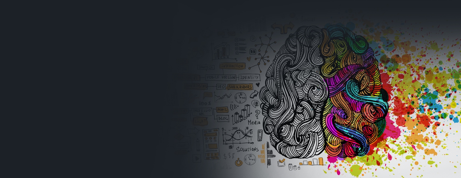 Creative Services Illustration of a brain split between analytical data sketches and colorful creative paint splatters