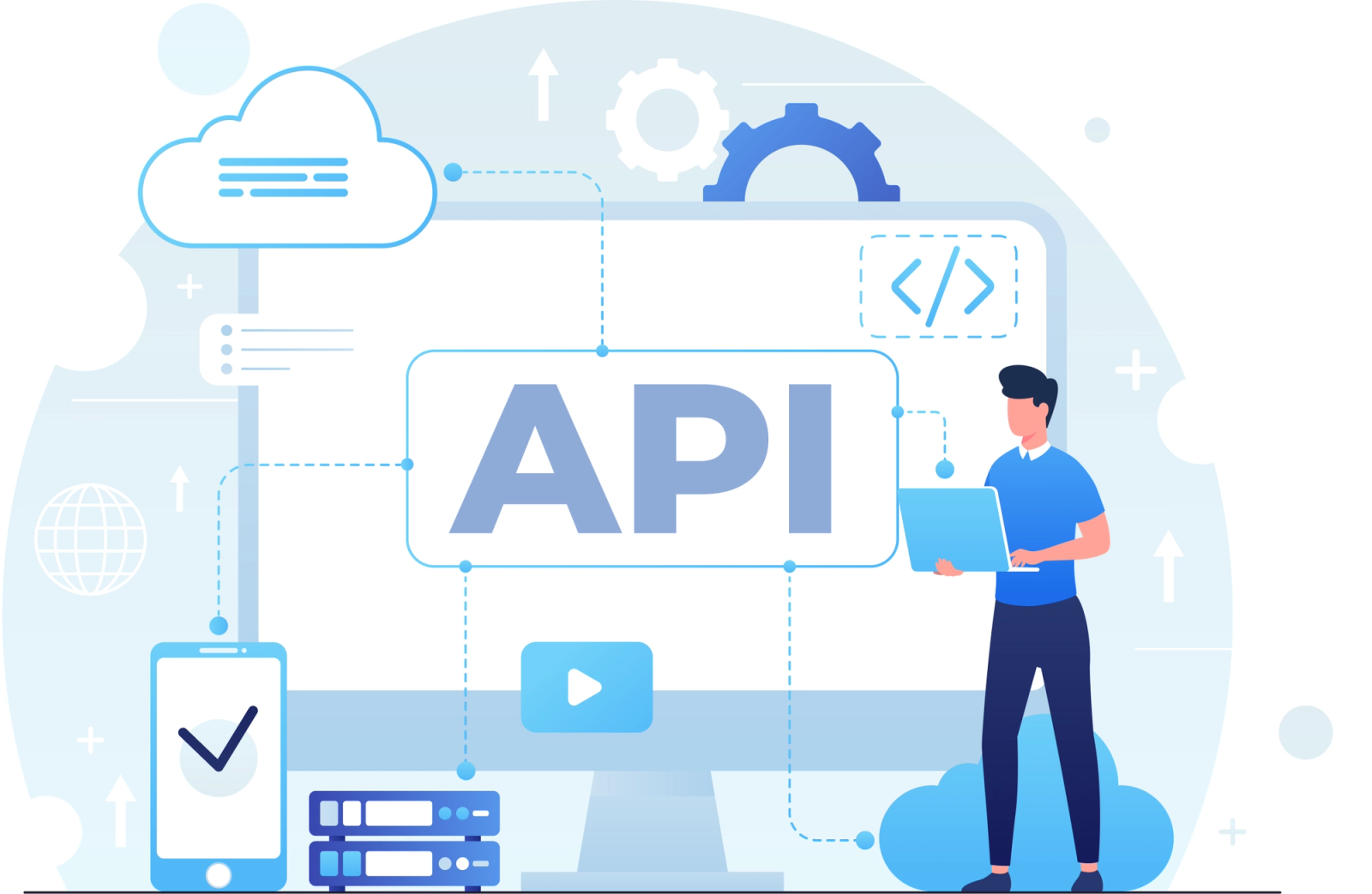 Illustration of an API connecting cloud storage, servers, mobile, and web applications