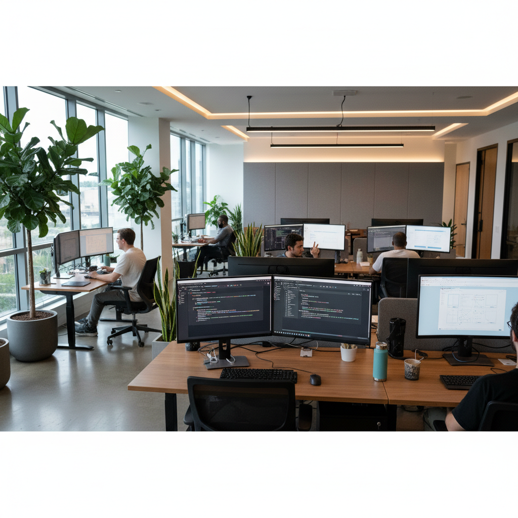 Web Development Services Developers working at multi-monitor workstations in an open office with large windows and potted plants