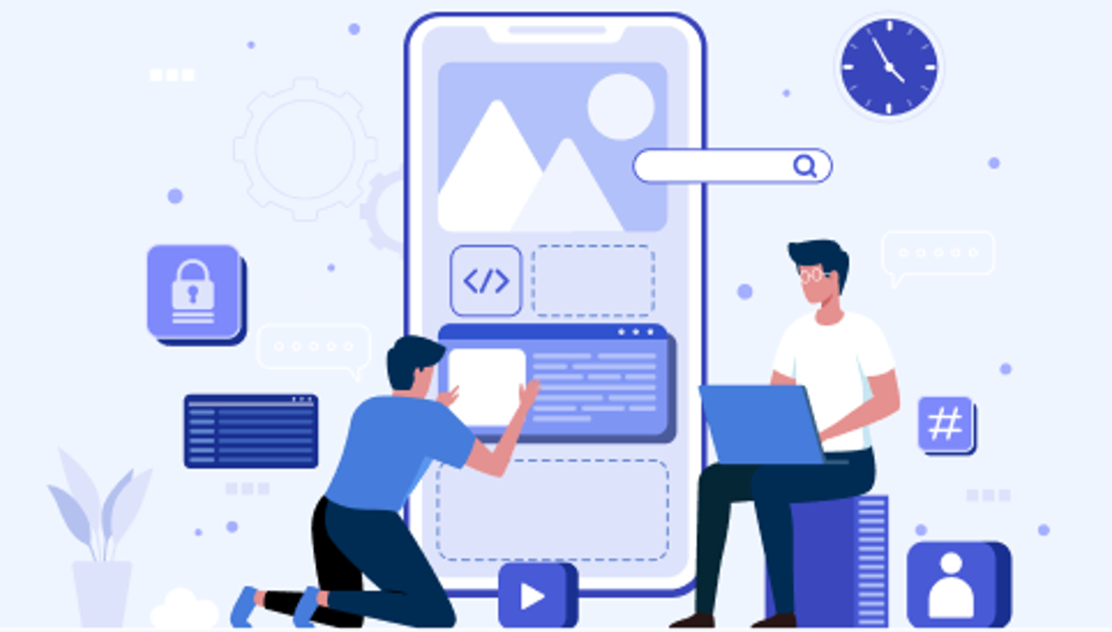WordPress Development Illustration of developers building a mobile app interface with security and code icons