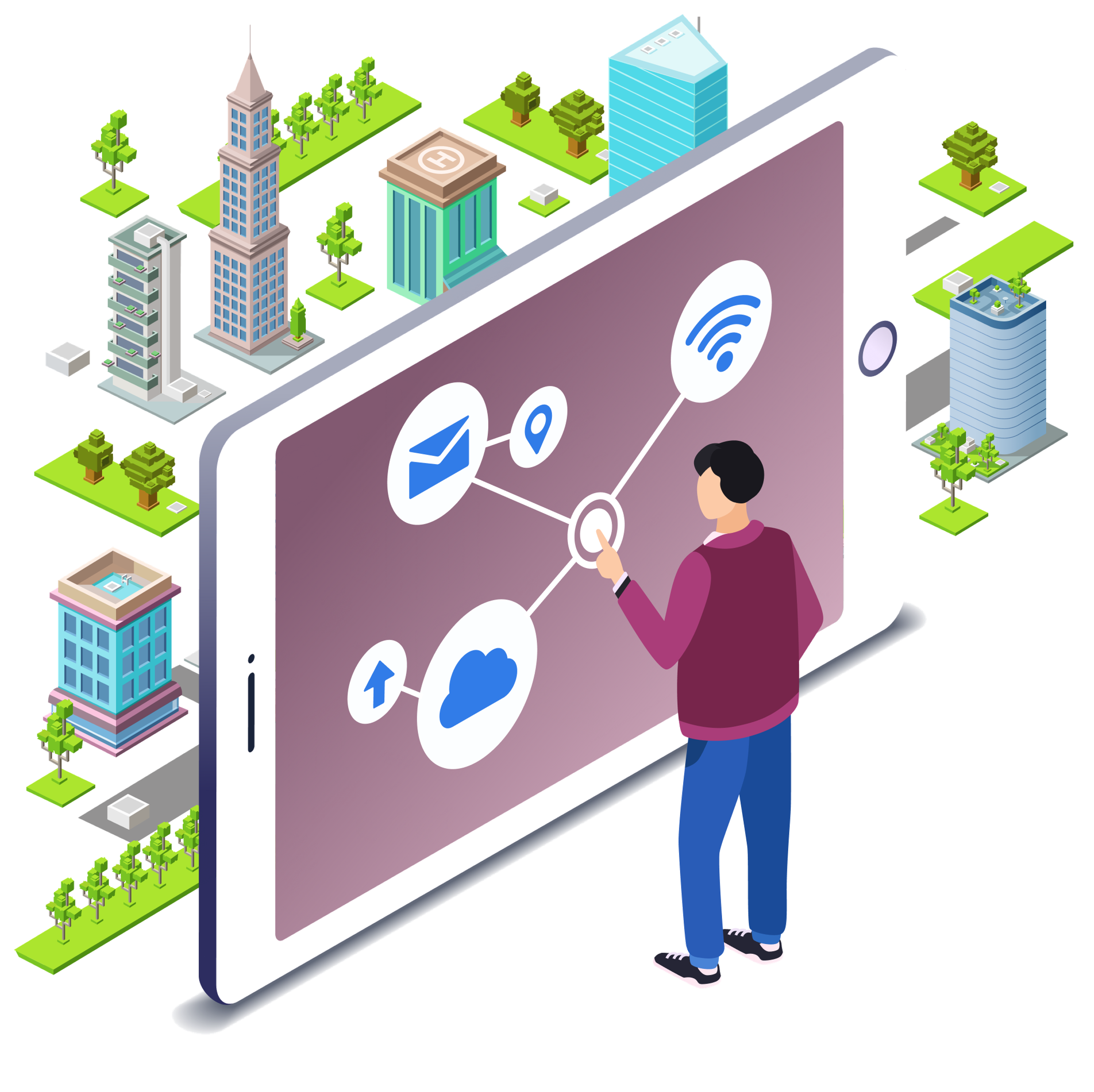 Illustration of a person using a tablet connected to city buildings with wifi, cloud, and location icons