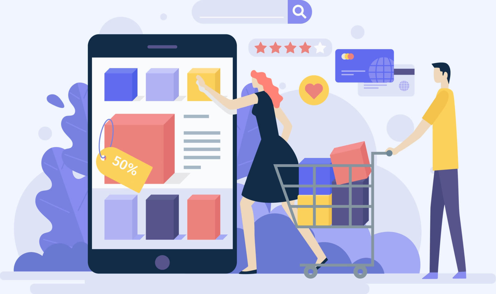 Illustration of shoppers browsing product listings on a mobile e-commerce app with a shopping cart