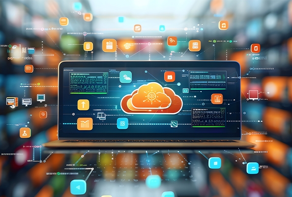 Architecture des Applications Cloud et Microservices Illustration d'un ordinateur portable affichant une icône de cloud connectée à des icônes d'applications de microservices dans un centre de données