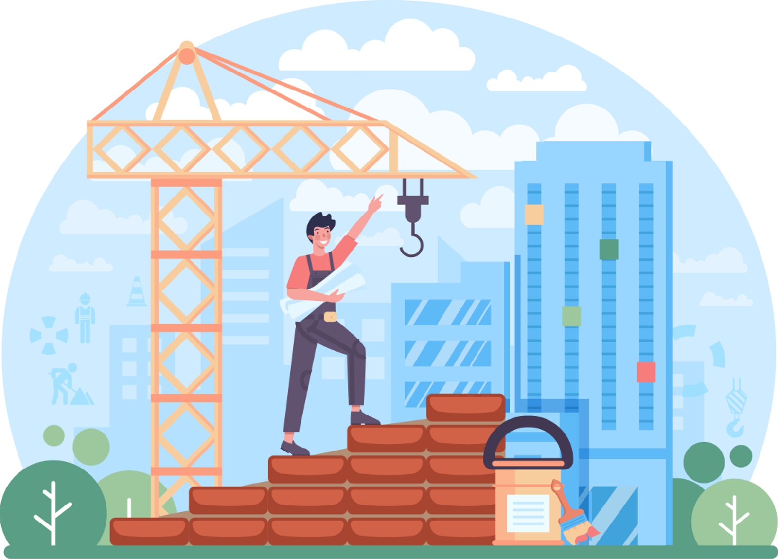 Architectural Designing Services Illustration of a construction worker overseeing an architectural building project with a crane