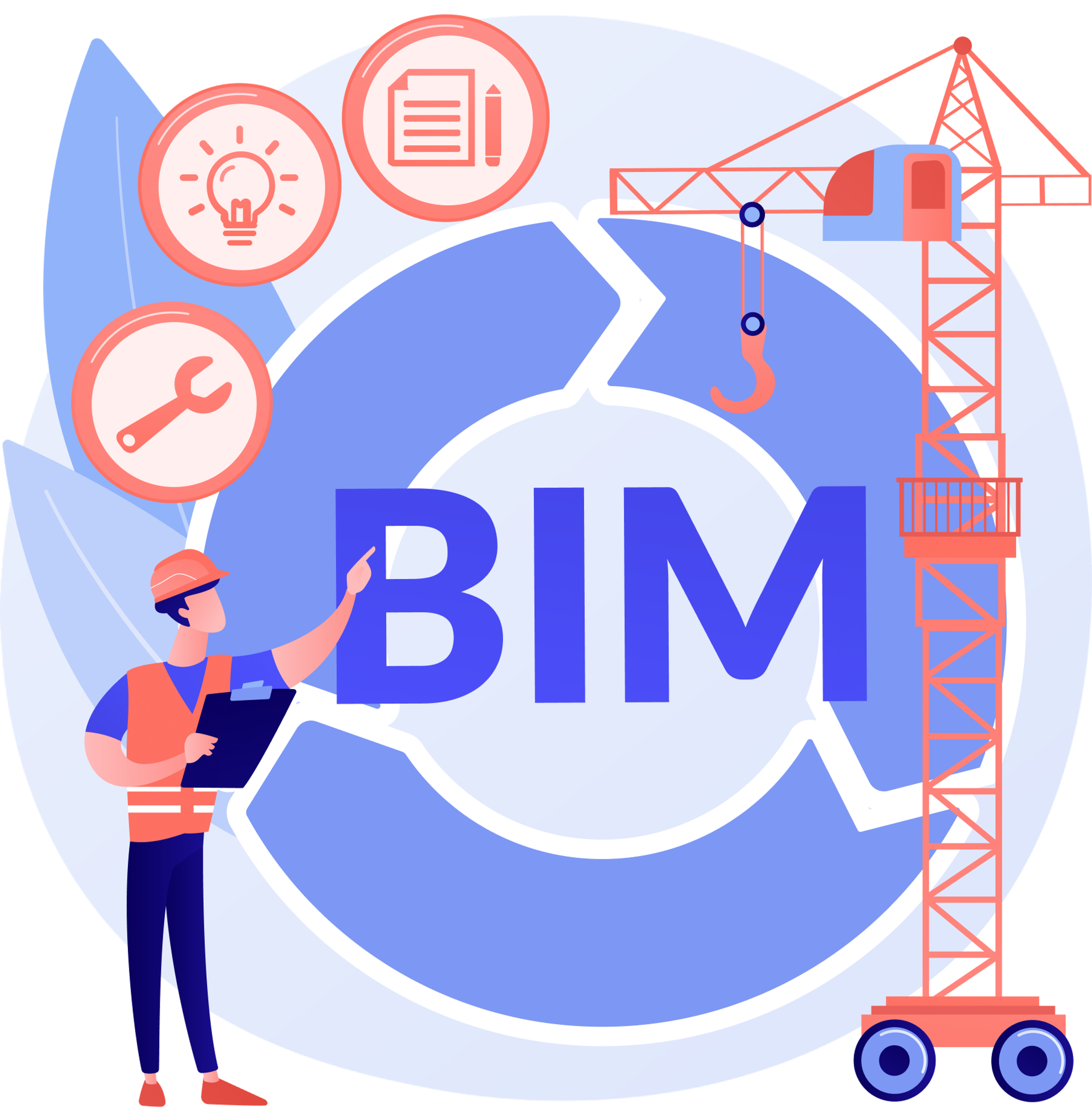 MEP BIM Modeling Illustration of a construction worker pointing at a BIM cycle icon beside a crane with tool, document, and lighting icons