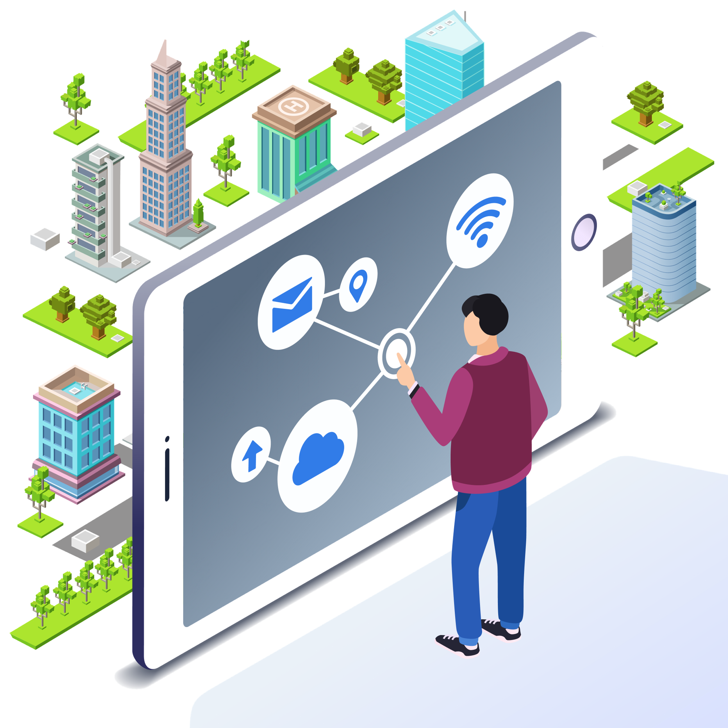 Illustration of a person interacting with a digital city model showing connected sustainability data on a tablet