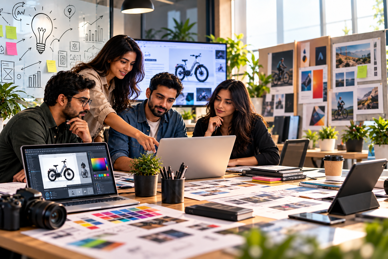 Stratégie de services créatifs Illustration d'une équipe collaborant sur des documents de stratégie d'entreprise avec des icônes d'idées et de recherche
