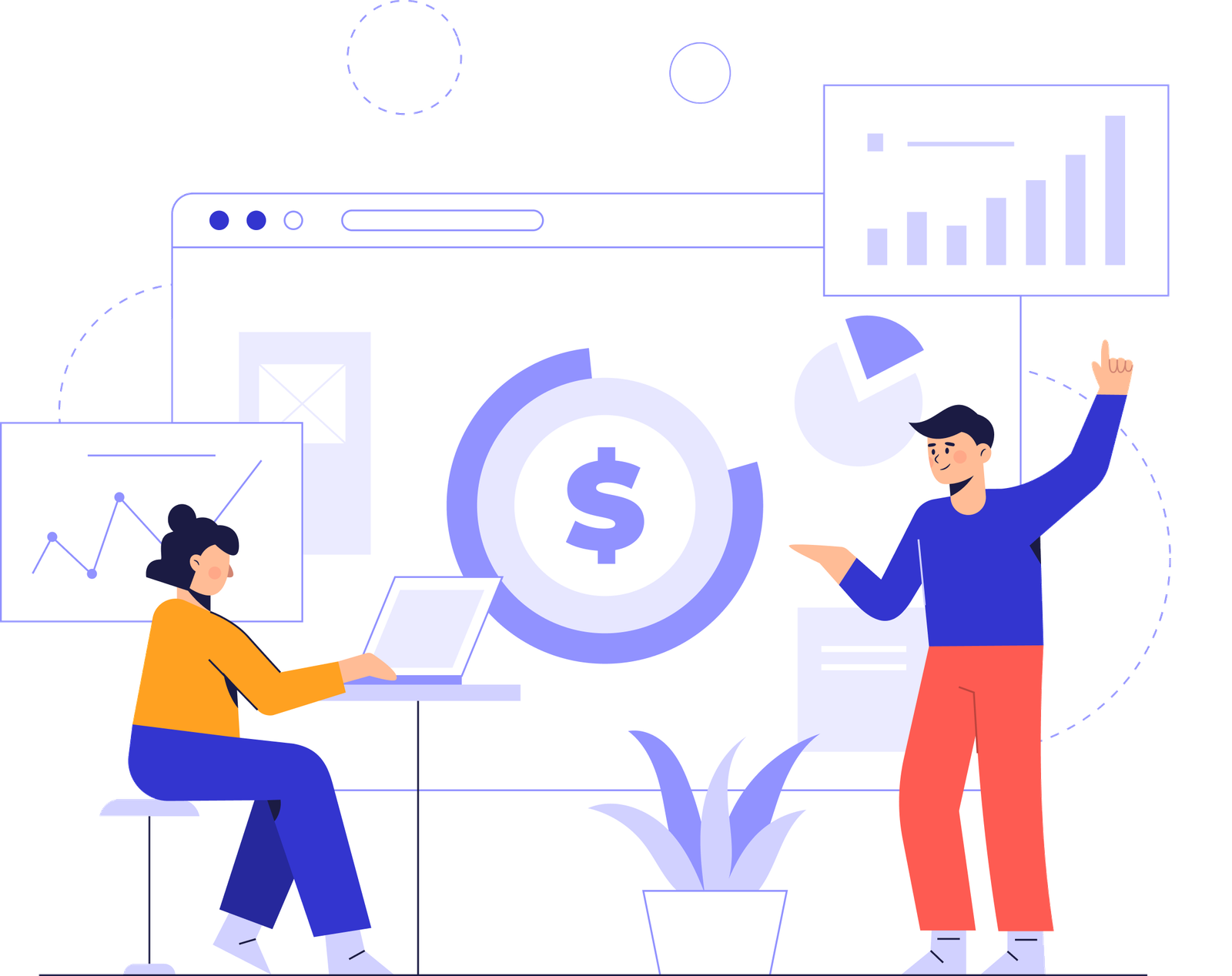 Illustration of a finance team managing bookkeeping, reporting, and cash flow