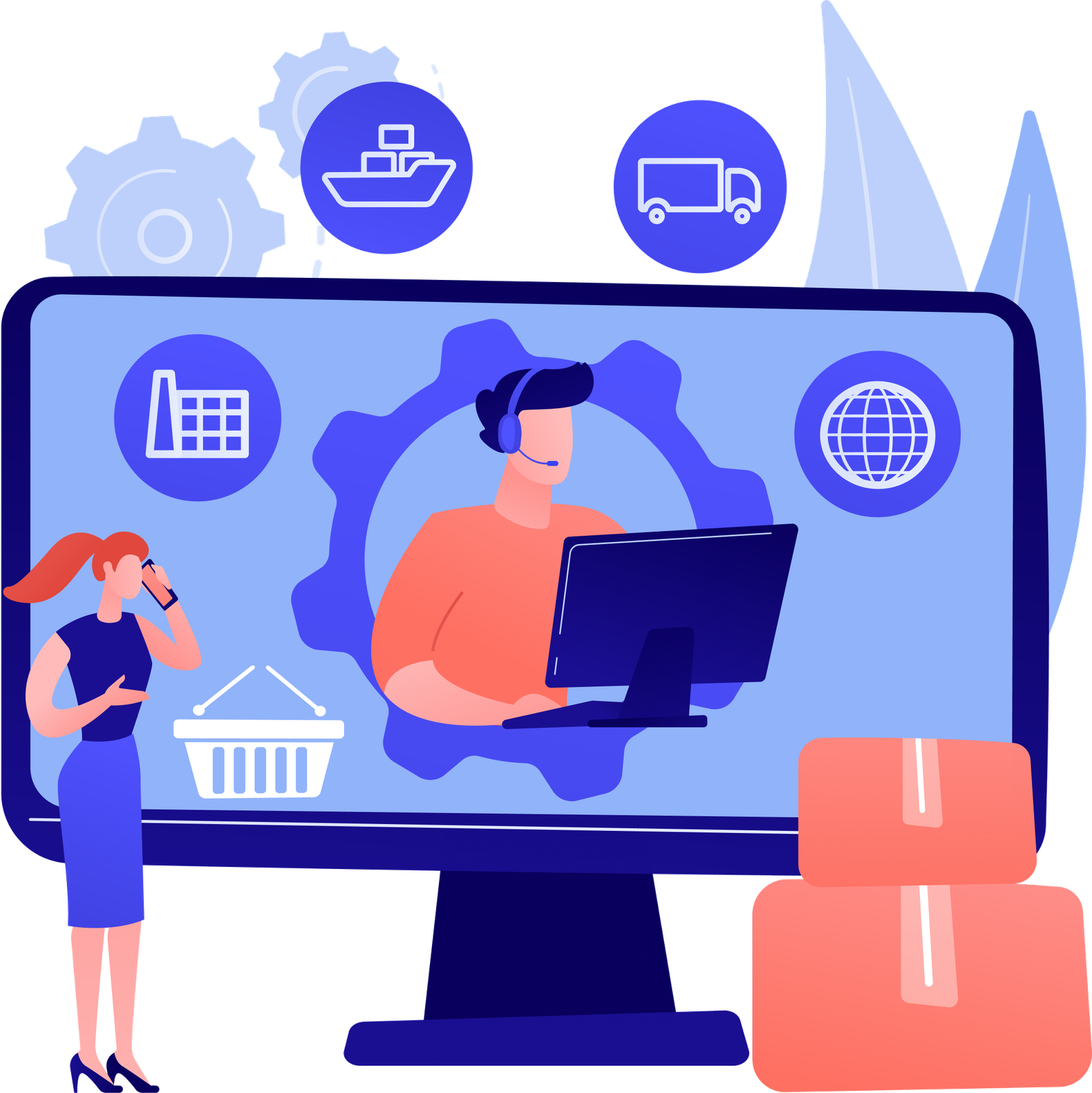 Illustration of a supply chain coordinator on a screen surrounded by shipping, factory, and logistics icons