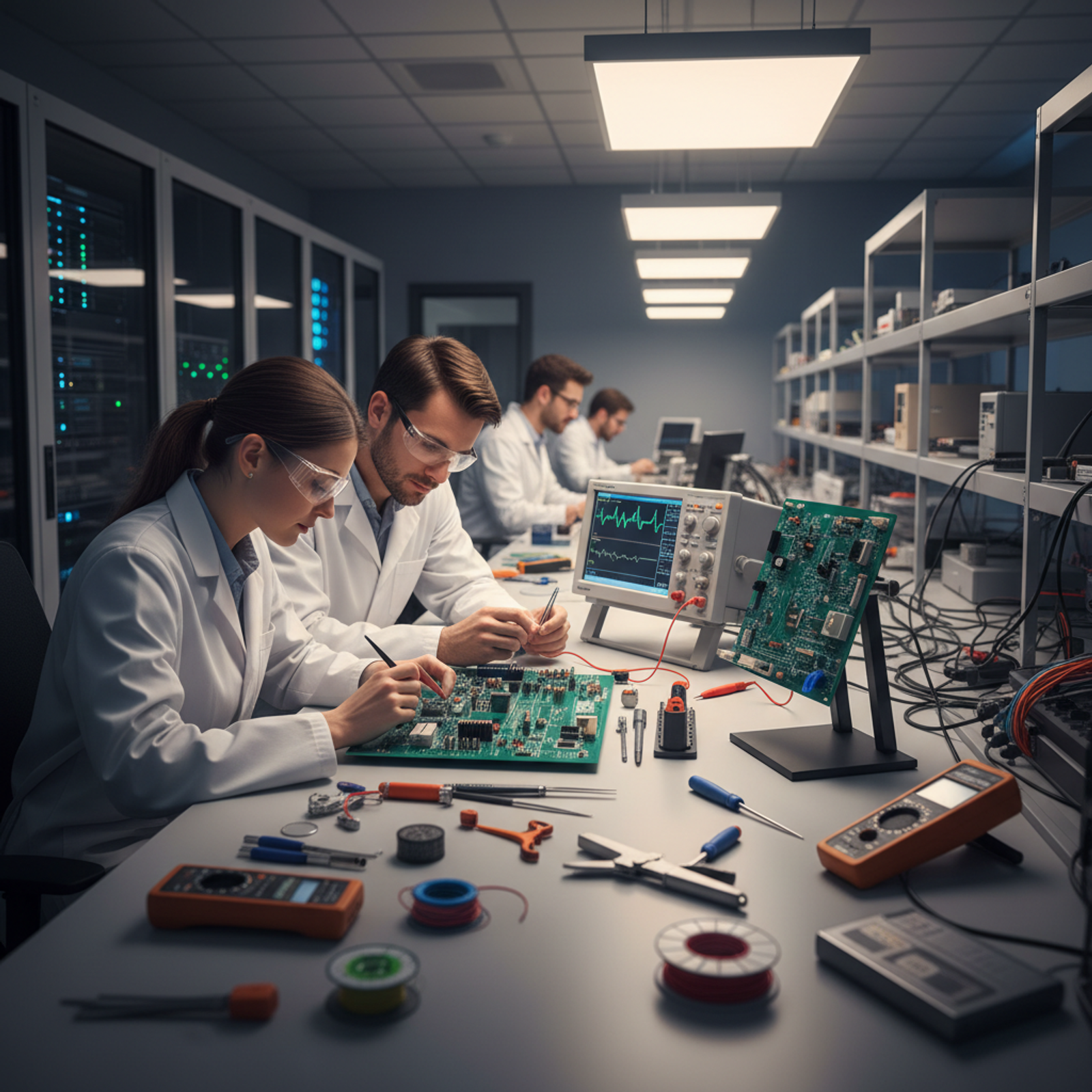 Illustration représentant des ingénieurs en train de vérifier des baies de serveurs et des panneaux de câblage reliés à des puces électroniques et à des icônes représentant des données dans le cloud