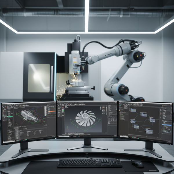 Robotic CNC cell with CAD, CAM, and automation workflows shown across three monitors