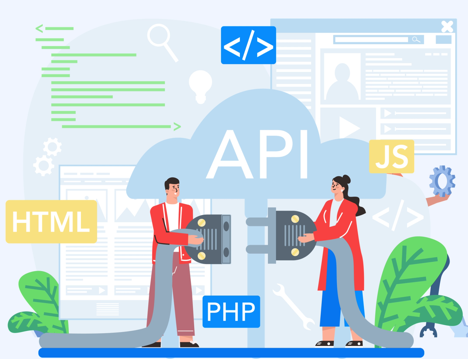 Illustration of developers connecting backend API services with HTML, JavaScript, and PHP components