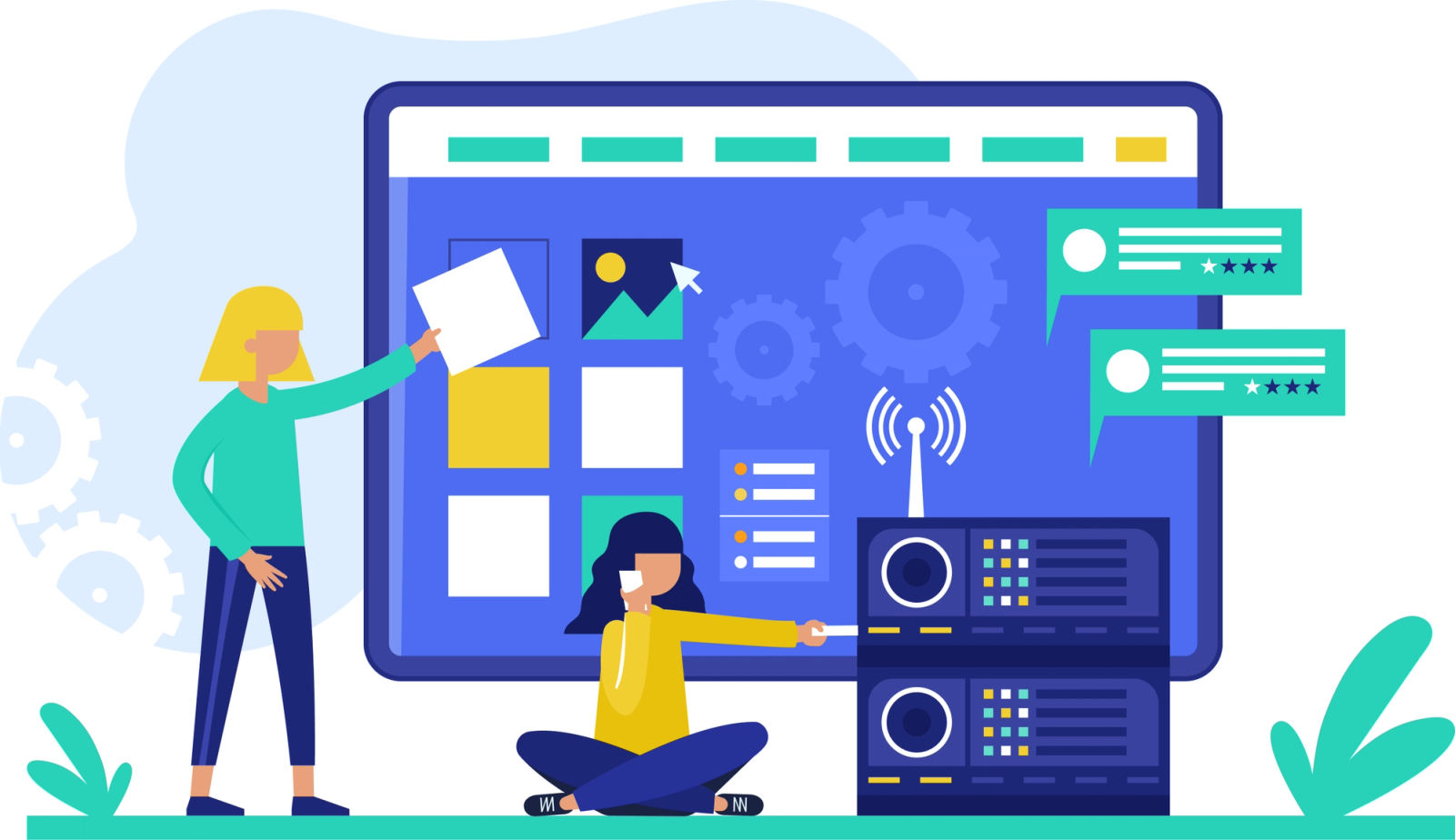 Illustration of two people configuring firmware on server racks with a wireless signal icon