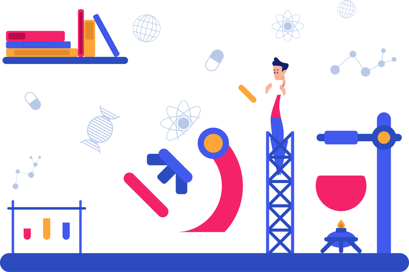 Illustration of a chemistry laboratory with a microscope, molecular diagrams, and lab equipment
