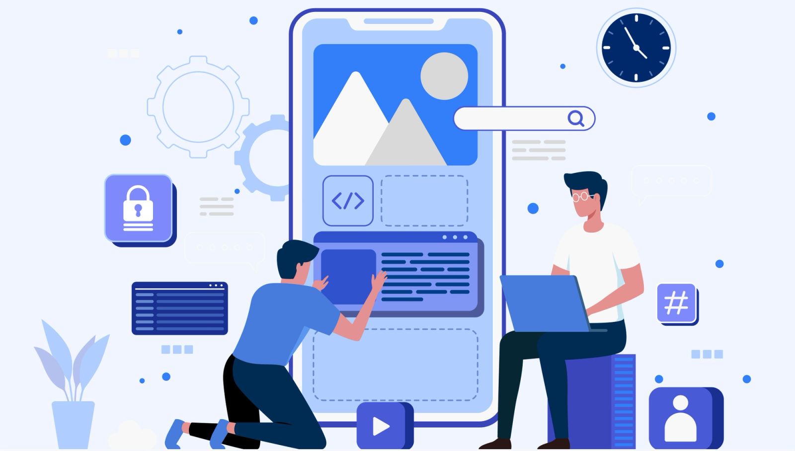 Illustration of developers collaborating on a mobile app interface with security lock and code icons