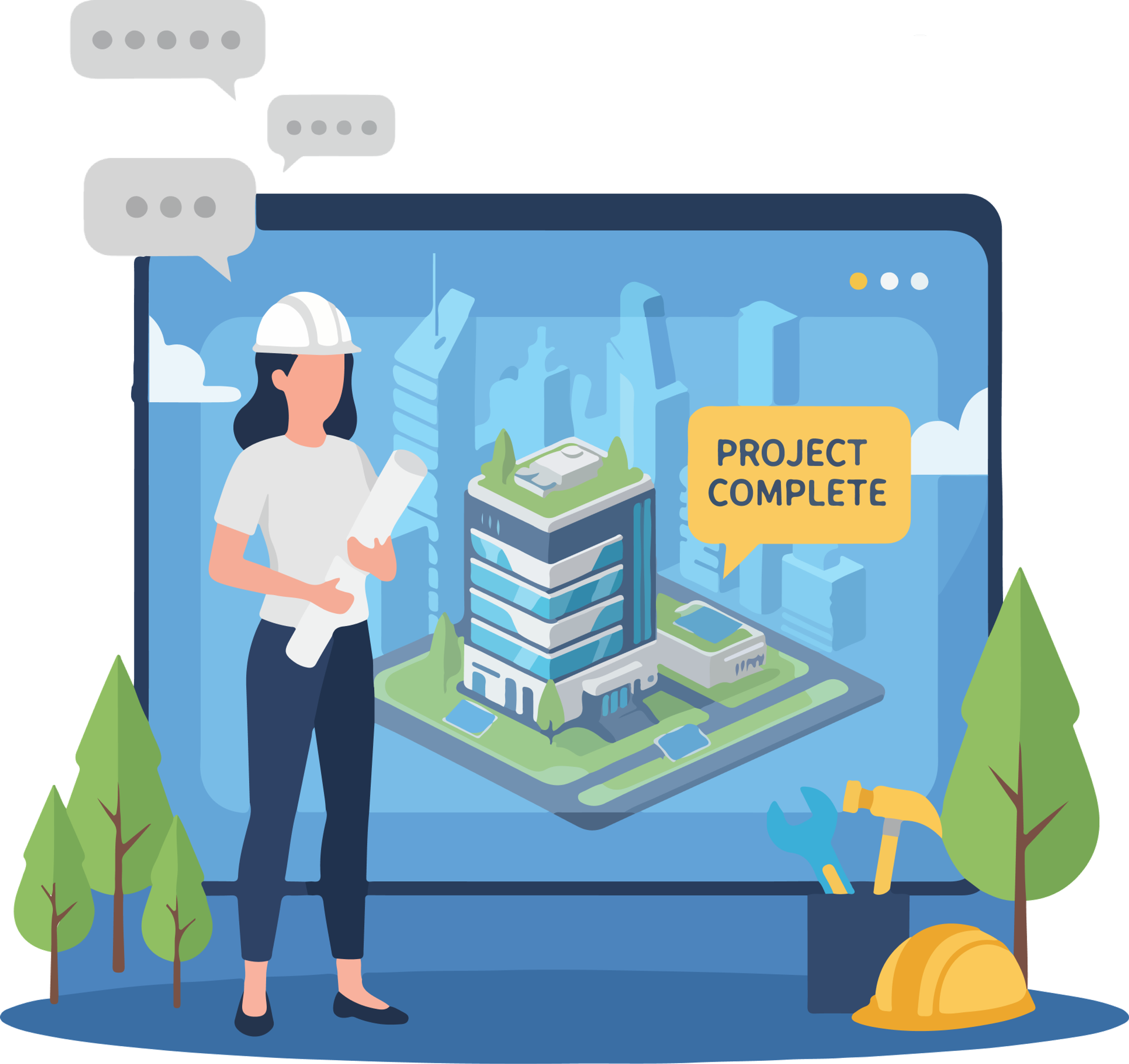 Illustration of an engineer holding a blueprint next to a completed building project displayed on a tablet