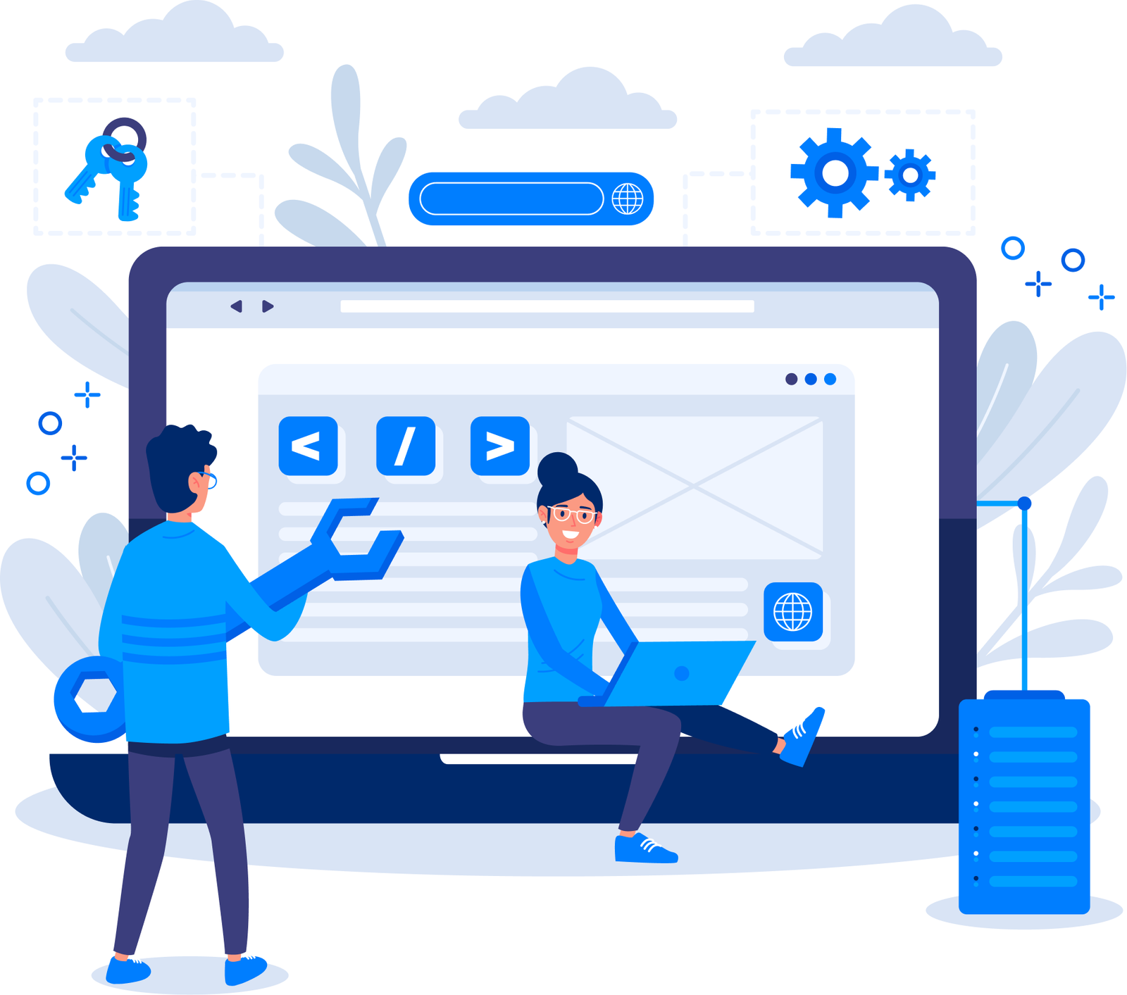 Illustration of developers building and securing a custom web application interface with key and settings icons