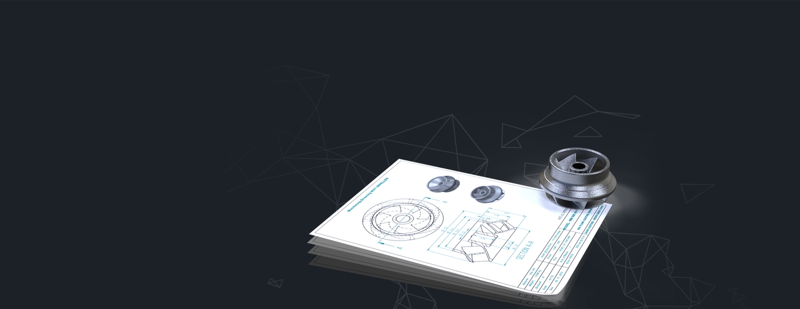 CAD Conversion and Migration Photo of a metal impeller part next to a CAD machining drawing with dimensioned sections