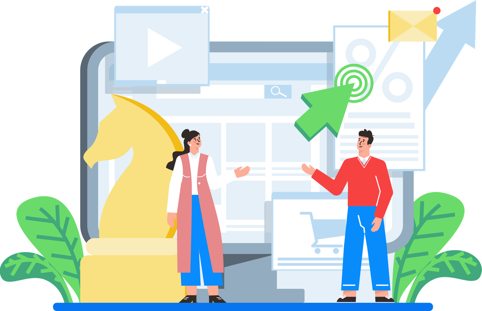 Illustration of an integrated digital marketing team reviewing campaign analytics